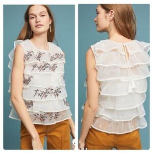 Anthropologie Tiered Ruffled Embroidered Sleeveless Top (NWT)